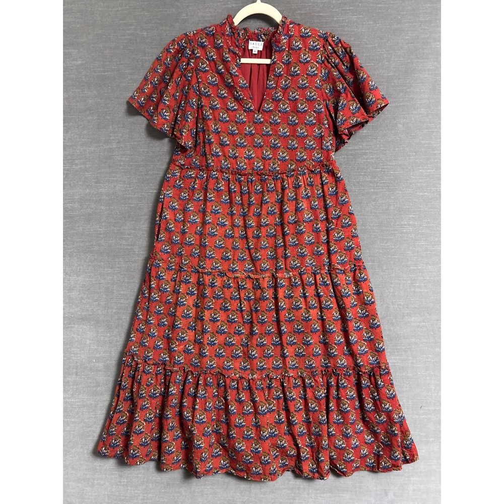 Saule Parc Dress XS Red Floral Cotton Tiered Flutter Midi Boho Fall Indie